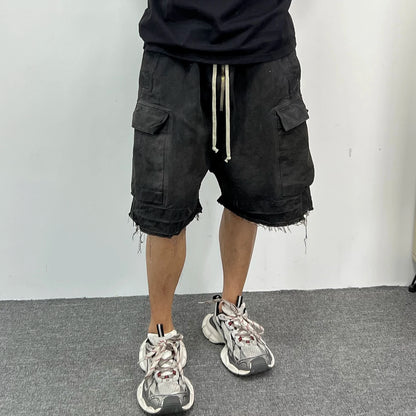 ro style ribbons streetwear multi pockets cargo short for men elastic waist wide leg baggy jeans knee length pants loose overall combat utility trousers