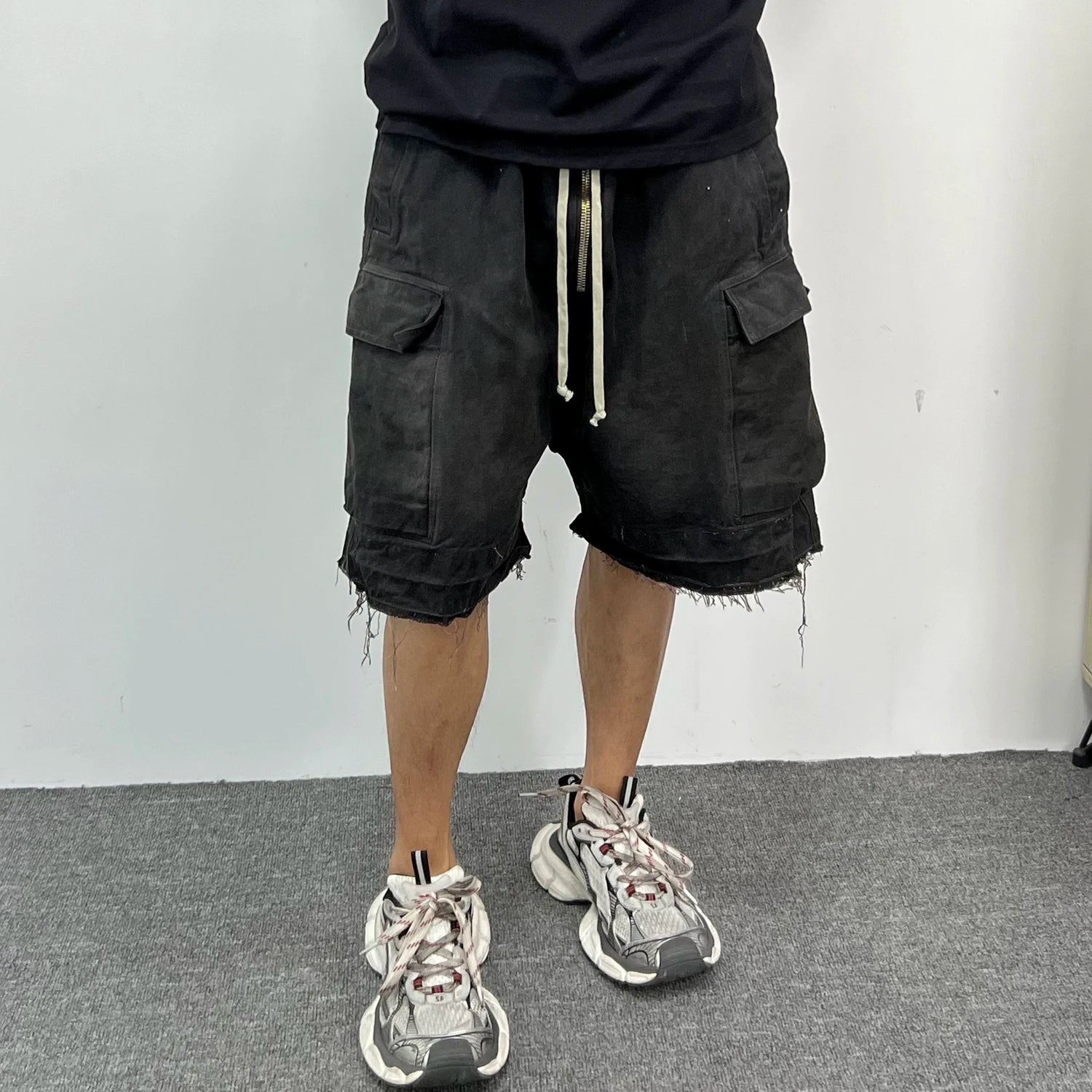 Ro Style Ribbons Streetwear Multi-pockets Cargo Short for Men Elastic Waist Wide Leg Baggy Jeans Knee Length Pants Loose Overall Street King Limited