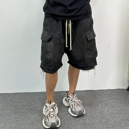 Ro Style Ribbons Streetwear Multi-pockets Cargo Short for Men Elastic Waist Wide Leg Baggy Jeans Knee Length Pants Loose Overall Street King Limited