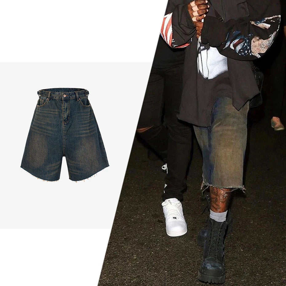 wide leg vintage jeans short men summer loose casual blue denim pants retro y2k shorts unique jeans style 535