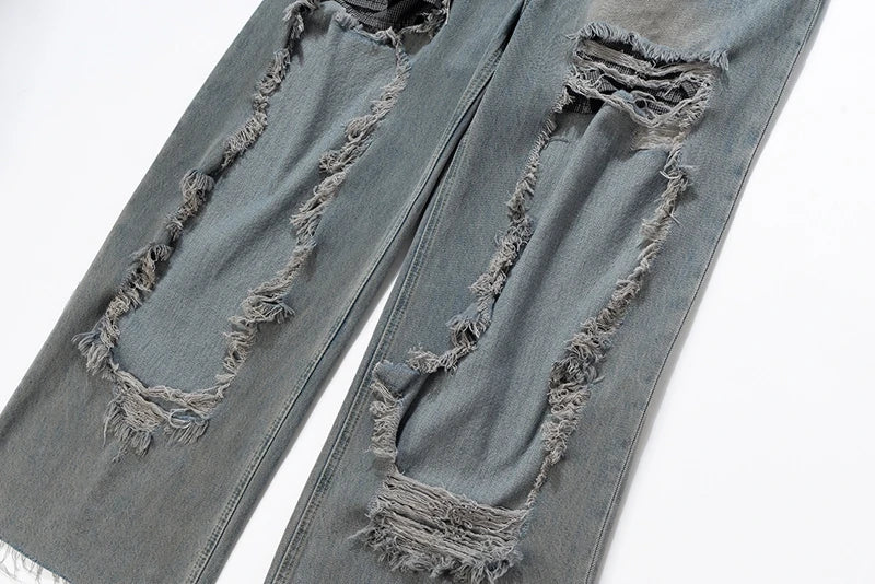street wear retro hip hop distressed straight leg jeans vintage y2k tassel biker ripped denim pants mens washed destroyed jean unique jeans style 4400