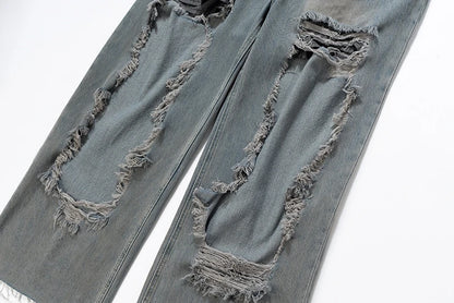 street wear retro hip hop distressed straight leg jeans vintage y2k tassel biker ripped denim pants mens washed destroyed jean unique jeans style 4400