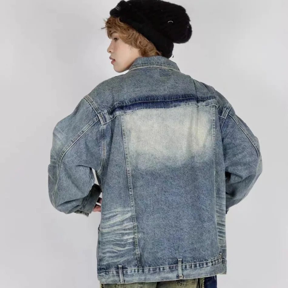 high street washed denim jacket mens 2024 spring trend oversize hip hop male coats color blocking motorcycle street outwear y2k unique jeans style 3625