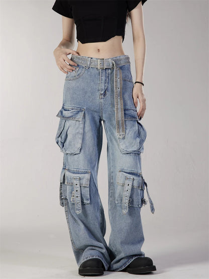 fashion loose streetwear cargo denim jeans unisex casual multi pocket straight jean pants with belt hip hop joggers baggy jeans unique joggers style 2696