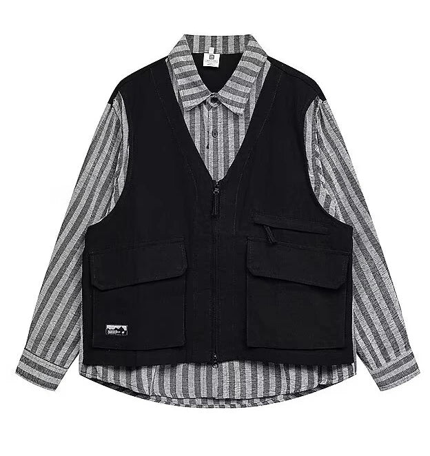 striped mens shirt jacket 2024 spring japanese street color blocked fake two coats vest tooling trend zipper long sleeved tops unique default style 2404