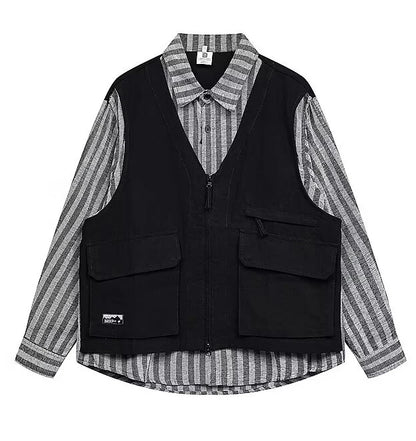 striped mens shirt jacket 2024 spring japanese street color blocked fake two coats vest tooling trend zipper long sleeved tops unique default style 2404