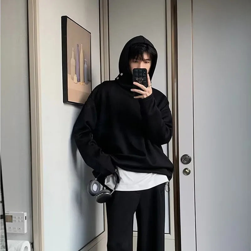 Solid Color Hoodies Men Women Japanese Loose Pullovers Sweatshirt Harajuku Detachable Neck Hoodie Autumn Spring Casual Overcoats Street King Limited