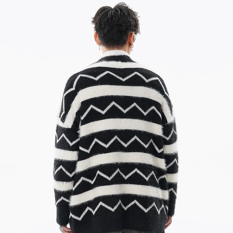 Men Striped Cardigan Devil Doll Contrast Color Sweaters American High Street Retro Knitwear Casual Loose Knit Jumpers Unisex Street King Limited