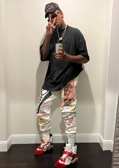 24ss vintage retro graffiti washed worn cotton high street long pants leggings clean everyday pants