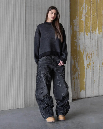 hip hop y2k retro black baggy jeans for men punk raw edge embroidery jeans vintage pattern patchwork high waisted denim pants unique jeans style 875