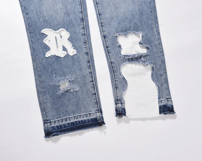 Vintage Washed Letter Embroidery Ripped Hole Blue Men's Jeans Straight Frayed Streetwear Hip Hop Loose Unisex Denim Trousers Street King Limited