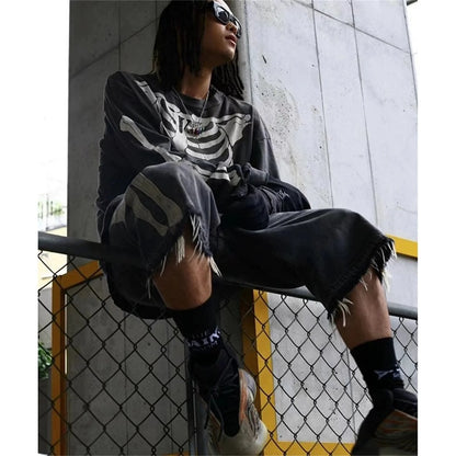 Vintage Retro Summer Skeleton round neck printed loose retro Sweater washed worn Pullover High-Street Long Sleeve Tee Street King Limited