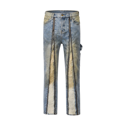 front zipper hole distressed washed vintage mens jeans pants harajuku y2k straight ink painted baggy denim trousers oversized vintage washed jeans