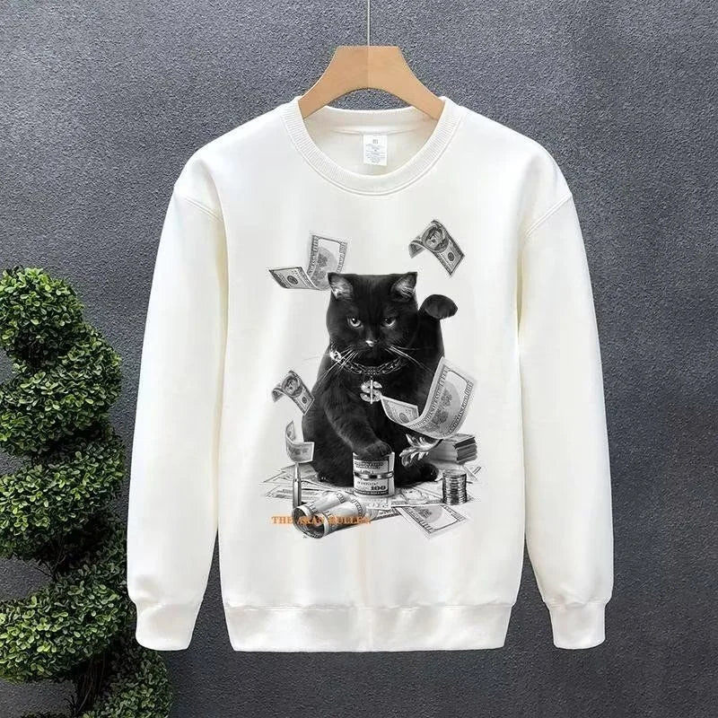 Cartoon Money Cat Graphic Printed Crewneck Sweatshirts Hombre Hip Hop Fashion Pullover Hoodies Y2K Streetwear Oversized Clothes Street King Limited
