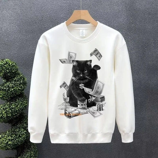 Cartoon Money Cat Graphic Printed Crewneck Sweatshirts Hombre Hip Hop Fashion Pullover Hoodies Y2K Streetwear Oversized Clothes Street King Limited
