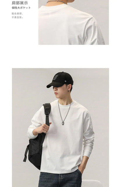 Cotton Long-Sleeved T-Shirt Men's Spring And Autumn Basic Solid Color Inner Loose Sweatshirt Men's White Bottoming Shirt Street King Limited