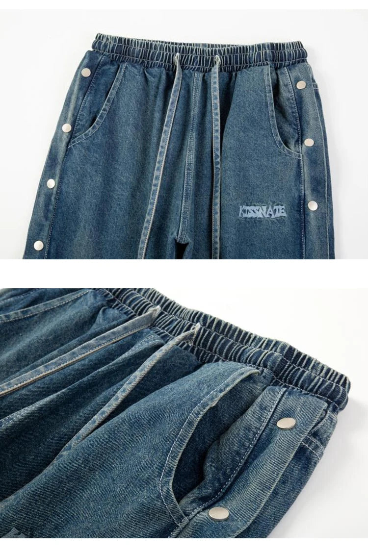 washed distressed denim sweatpant cashew flower patchwork oversized splice buckle jogging jeans casual button baggy men clothing unique joggers style 3363