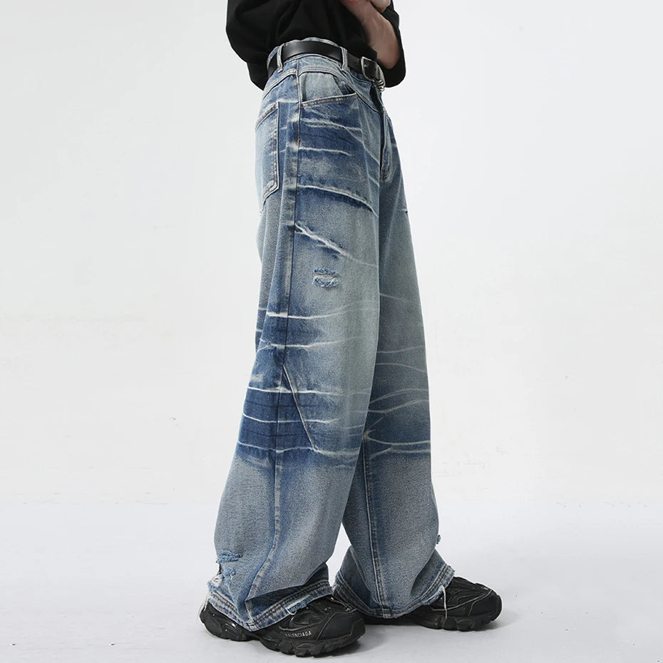 vintage blue baggy jeans man loose straight denim pants harajuku hip hop jeans trousers men ripped baggy denim