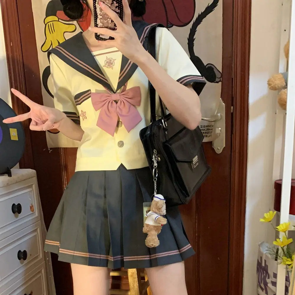 Student Union JK Uniform Sailor Suit Blue Skirt Long Sleeve Navy Collar Bow Tie Two Colors Two-piece Set Vitality Kawaii Street King Limited