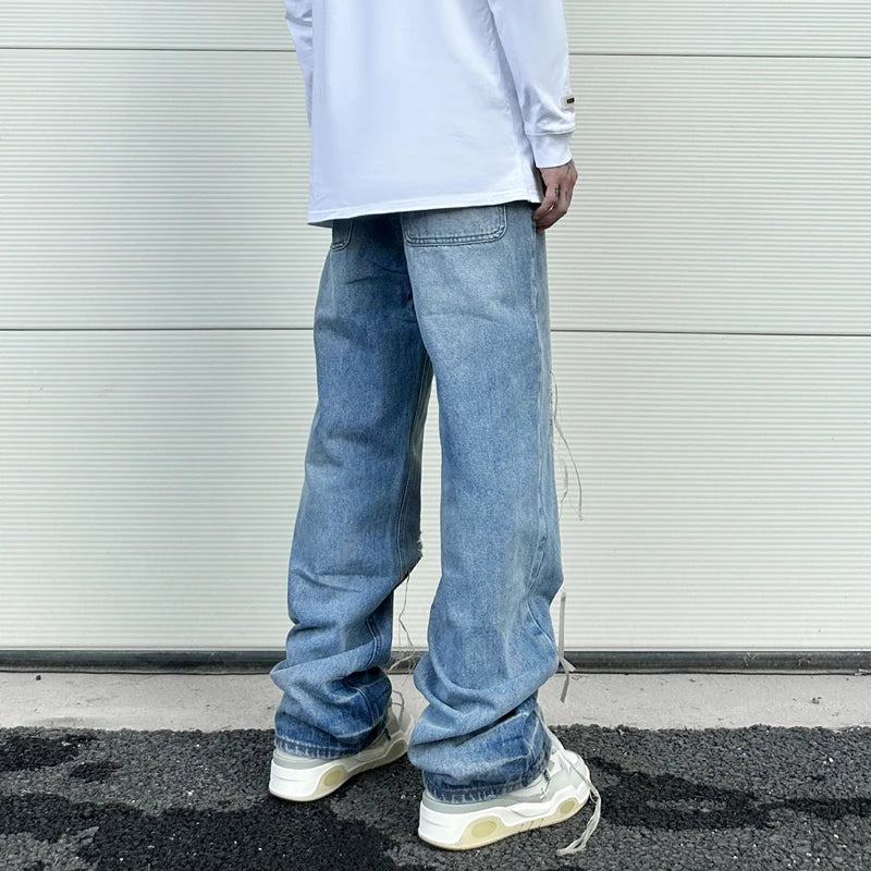 fashion loose streetwear denim jeans new casual wide legs straight jean pants hip hop tassel joggers baggy jeans men clothing unique joggers style 4892
