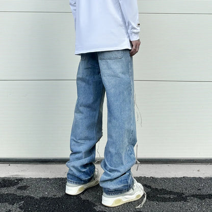 fashion loose streetwear denim jeans new casual wide legs straight jean pants hip hop tassel joggers baggy jeans men clothing unique joggers style 4892