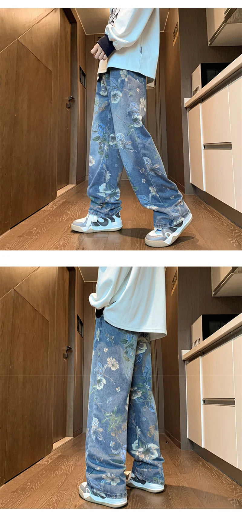 american high street floral printed jeans for men 2024 new y2k vintage denim trousers hip hop fashion wide leg baggy jean pants unique jeans style 398