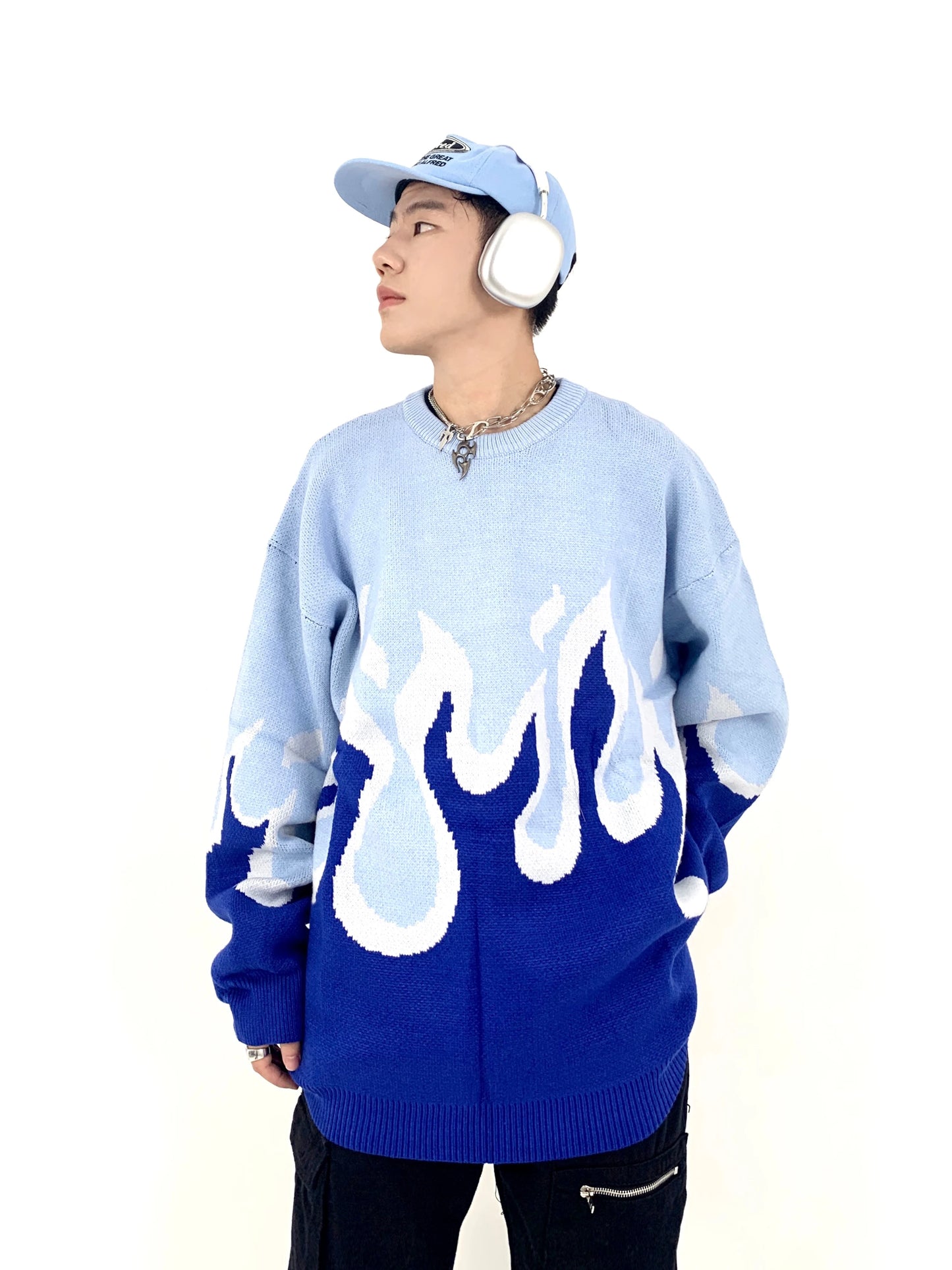 Hip Hop Fire Knitted Oversized Sweater Men Autumn Winter O-neck Long Sleeve Pullover Streetwear New Loose Tops Sweaters Clothing Street King Limited