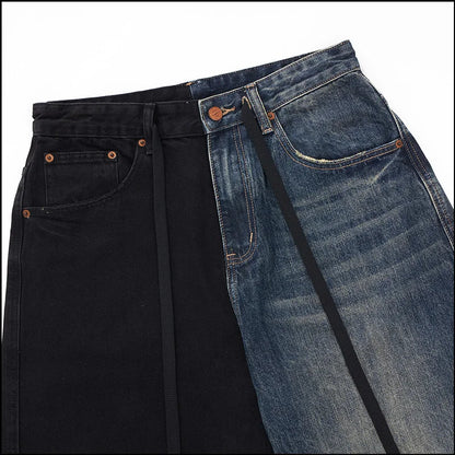 men streetwear fashion black blue splice hip hop loose casual wide leg straight baggy jeans pant cityboy jeans pants trousers denim street jeans