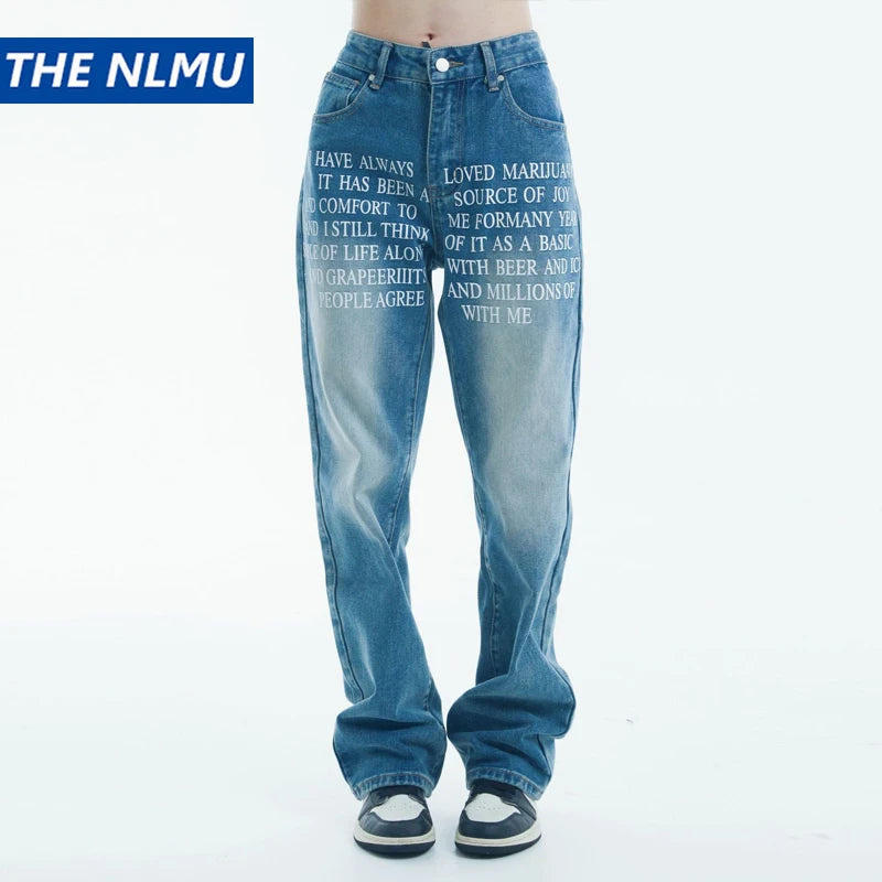 blue baggy jeans men letter printed straight denim pants fashion jeans male streetwear hip hop y2k loose trousers stacked flare jeans