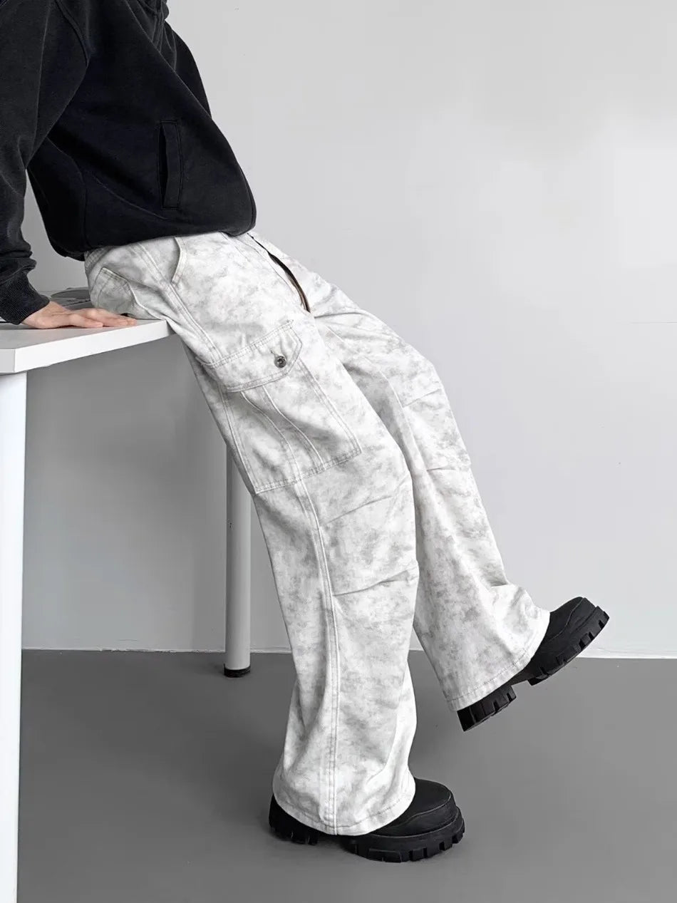 American Tie Dye Cargo Pants Mens Autumn Vintage High Street Straight Leg Trousers Casual Multi Pocket Loose Overalls Male Street King Limited
