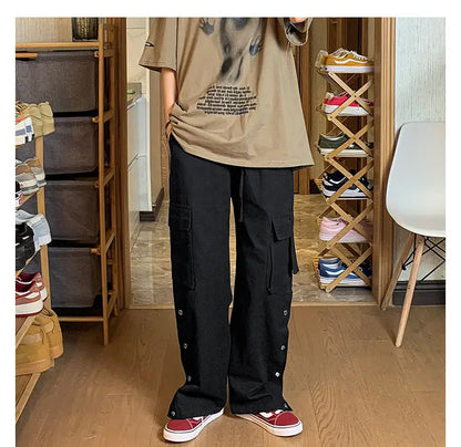 Fashionable Korean style gothic buttoned overalls pants men summer Harajuku street y2k hip hop casual retro sports pants Street King Limited