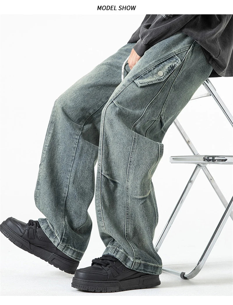 2025 new hip hop multi pockets straight jeans for men high street cargo denim pants spring y2k vintage distressed baggy jean unique cargo style 3354