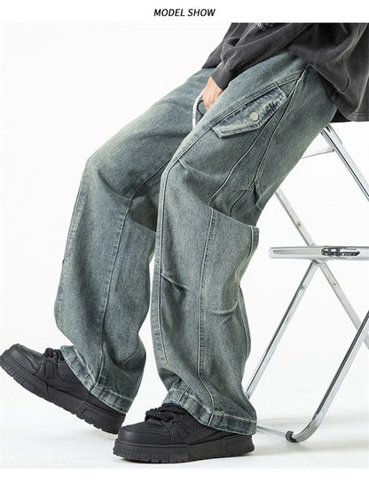 2025 new hip hop multi pockets straight jeans for men high street cargo denim pants spring y2k vintage distressed baggy jean unique cargo style 3354