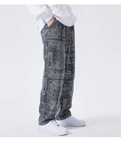 mens hip hop straight denim jeans pants fashion zipper paisley jeans streetwear casual loose trousers pants joggers baggy jeans unique joggers style 1798