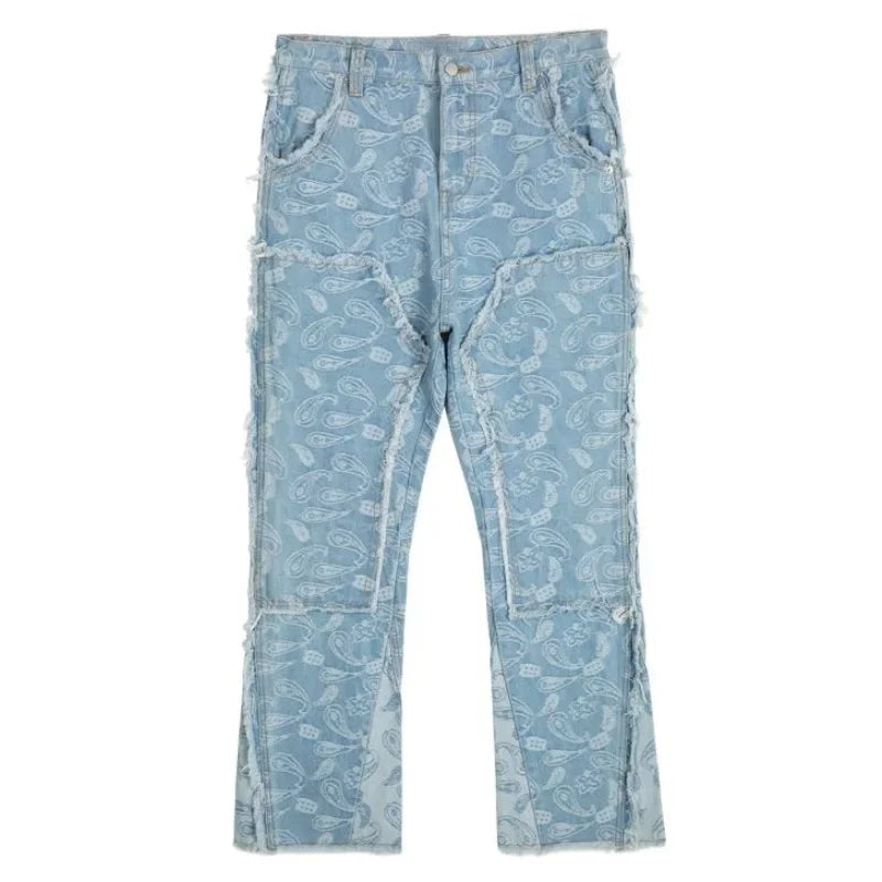men distressed ripped patchwork paisley denim jean trouser fashion zipper biker jeans streetwear flare pants loose joggers jeans urban active pants