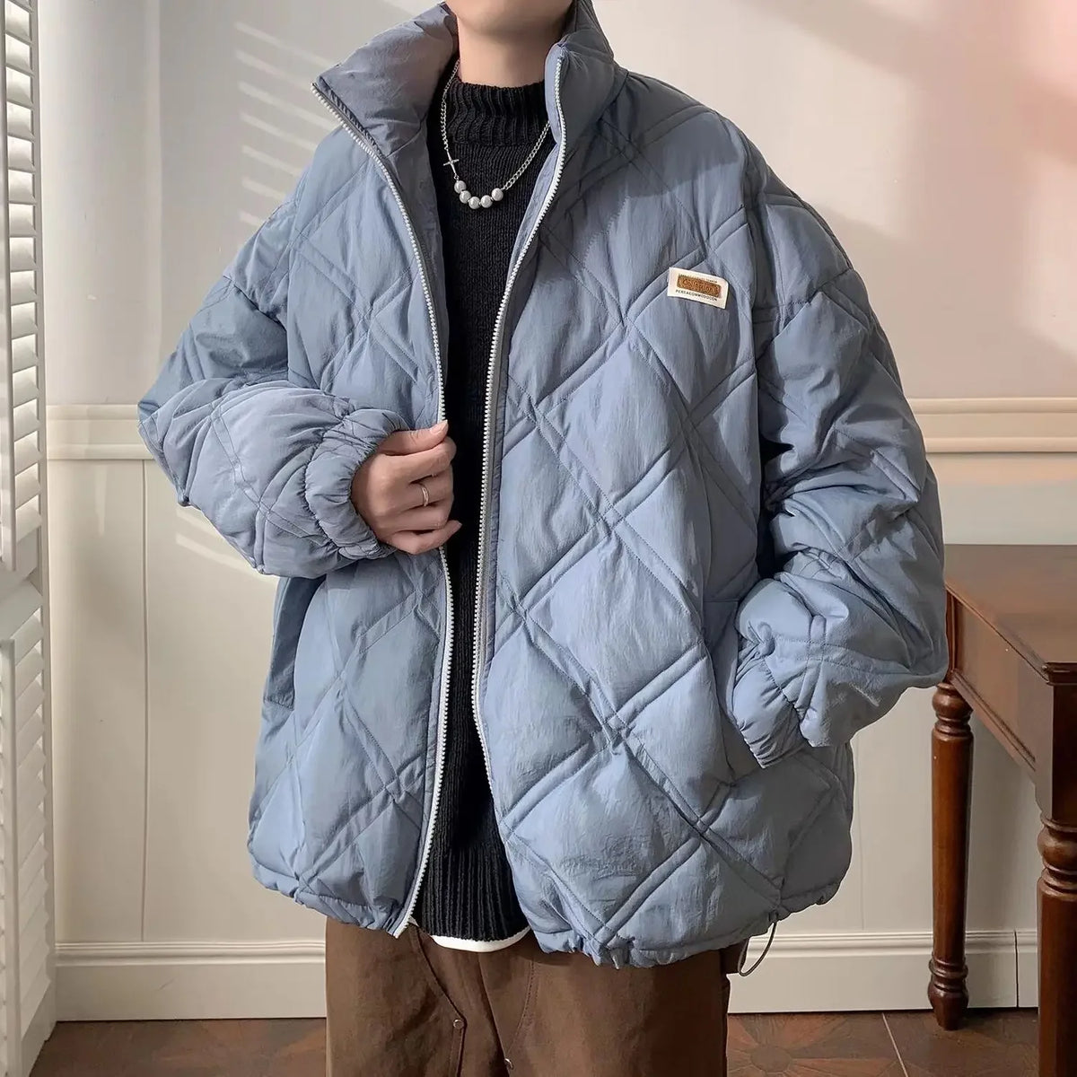 Winter personalized diamond grid cotton coat for men loose stand up collar trend for couples American loose retro casual top y2k Street King Limited