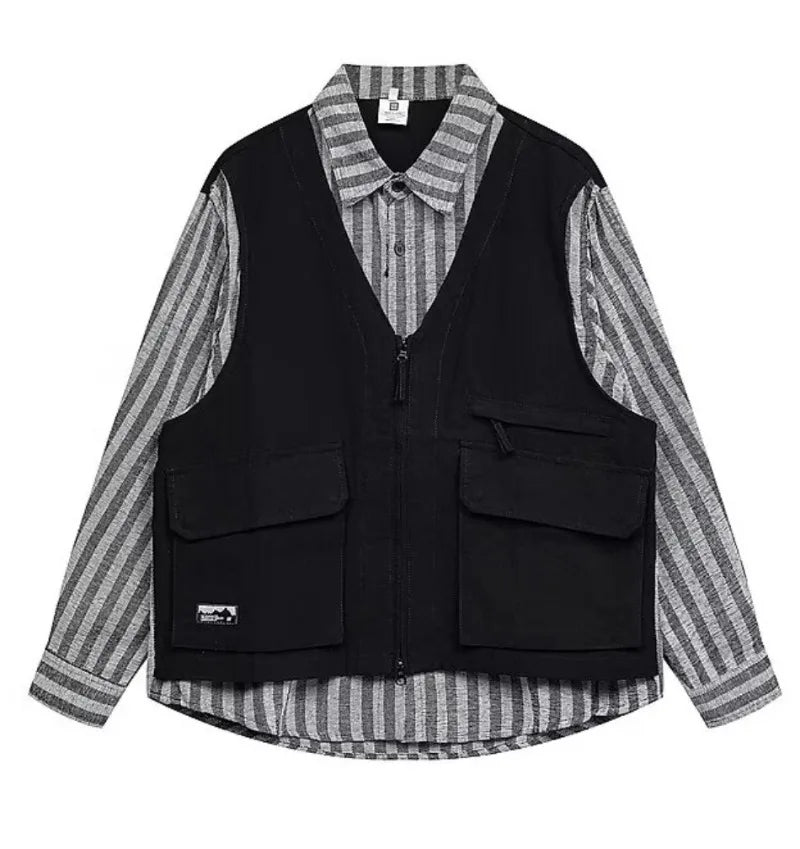 striped mens shirt jacket 2024 spring japanese street color blocked fake two coats vest tooling trend zipper long sleeved tops unique default style 2397