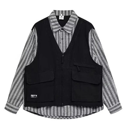 striped mens shirt jacket 2024 spring japanese street color blocked fake two coats vest tooling trend zipper long sleeved tops unique default style 2397