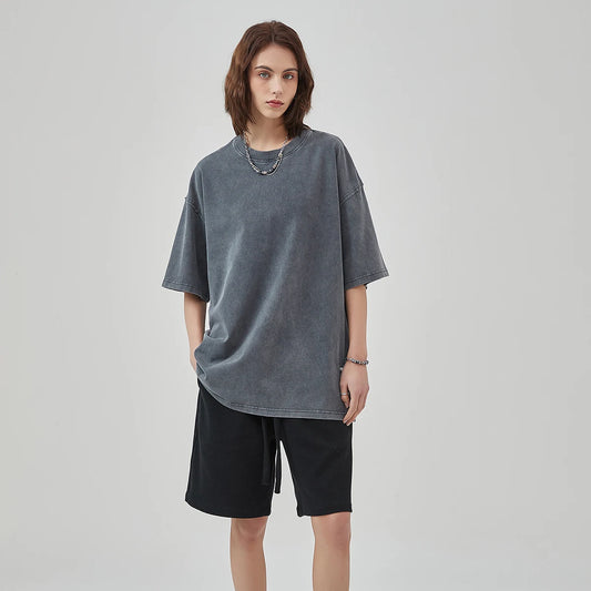 Solid Color Small Neckline Baggy Batik Wash Distressed Classic Short-sleeved Tshirts Men's Vintage Top T-shirt Women's Summer Street King Limited