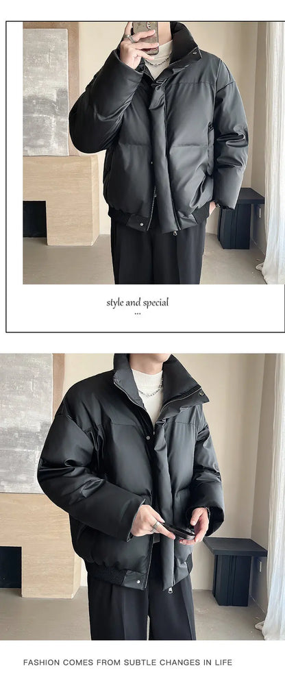 Winter Stand Collar Thicken Leather Short Jacket Men Fashion Loose Casual Warm Cotton-padded PU Leather Bomber Jacket Parka Coat Street King Limited