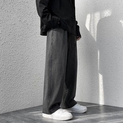 korean mens casual long jeans loose retro straight baggy pants denim wide leg pants light blue grey black retro washed jeans vintage washed jeans