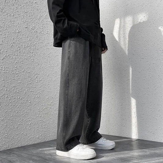 korean mens casual long jeans loose retro straight baggy pants denim wide leg pants light blue grey black retro washed jeans vintage washed jeans