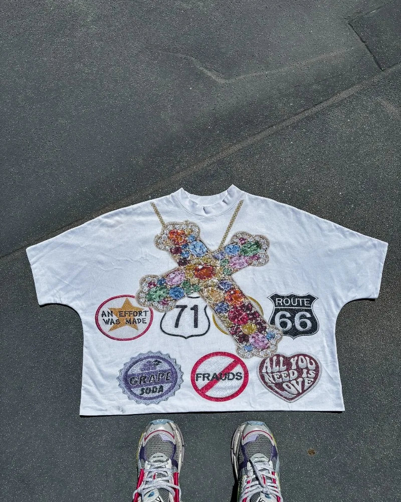 Y2k Top American Vintage Cross Print Short Sleeve T-shirt Men 2024 Summer New Goth Harajuku Couple Fashion Casual loose shirt Street King Limited