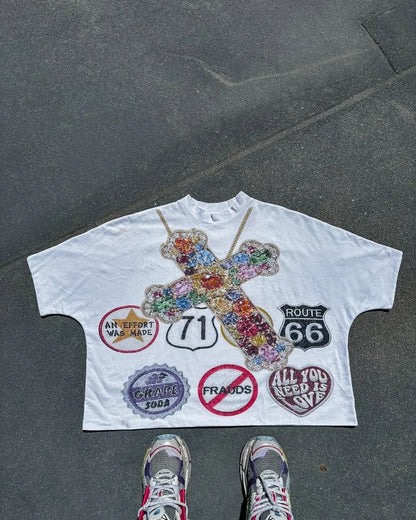 Y2k Top American Vintage Cross Print Short Sleeve T-shirt Men 2024 Summer New Goth Harajuku Couple Fashion Casual loose shirt Street King Limited
