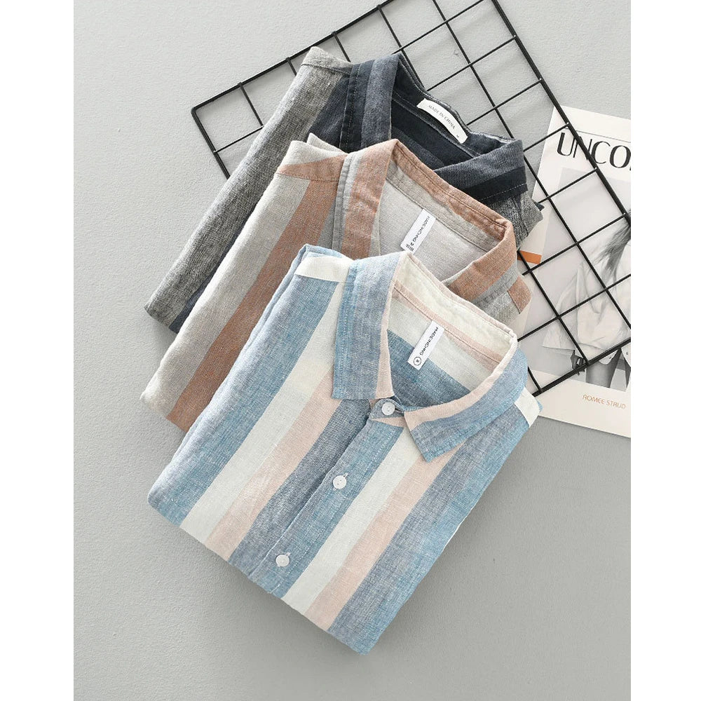 Linen Vertical Striped Long-Sleeved Shirt Men's Summer Thin Breathable Three-Quarter Sleeve Cotton And Linen Artistic Shirt Street King Limited