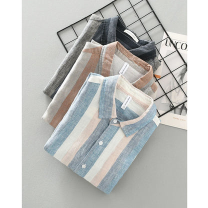 Linen Vertical Striped Long-Sleeved Shirt Men's Summer Thin Breathable Three-Quarter Sleeve Cotton And Linen Artistic Shirt Street King Limited