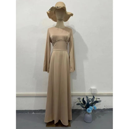 2024 Women Satin Long Dresses Sexy Lace Up Slim Evening Dresses Simple Round Neck Flare Sleeve Birthday Party Dresses For Women Street King Limited