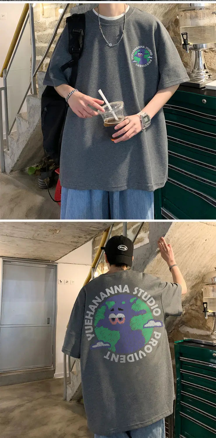 Pure cotton T-shirt men's new loose oversize short top summer tight Hong Kong style round neck American ins short sleeves tops Street King Limited