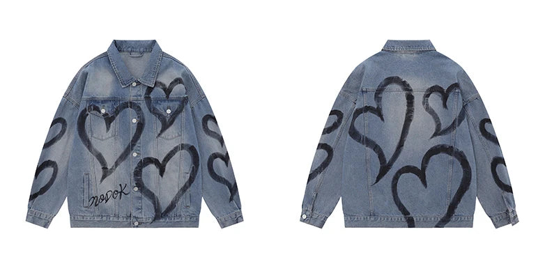 y2k heart graffiti printed denim jackets mens fashion unisex long sleeve coats outerwear hip hop casual streetwear jeans jackets unique jeans style 3532