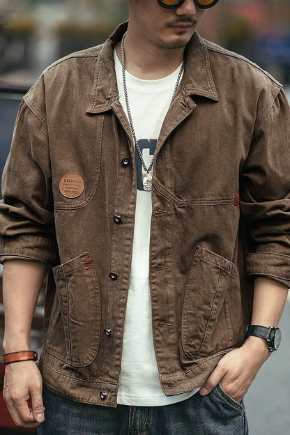 american retro workwear jacket for boys loose spring and autumn high street japanese style khaki casual trendy denim jacket tops unique jeans style 4884